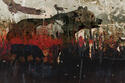 Multiple exposure of bear, eagle, moose, ram, moths and wolf on black and red weathered wall